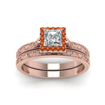 Load image into Gallery viewer, hand-engraved-princess-cut-halo-diamond-wedding-ring-set-with-orange-sapphire-in-rose-gold-FD8588PRGSAORANGLE5-NL-RG?v=1757665257
