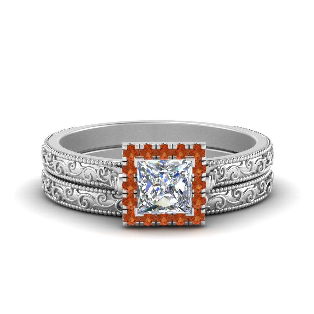 hand-engraved-princess-cut-halo-diamond-wedding-ring-set-with-orange-sapphire-in-white-gold-FD8588PRGSAOR-NL-WG?v=1757665257