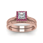Load image into Gallery viewer, hand-engraved-princess-cut-halo-diamond-wedding-ring-set-with-pink-sapphire-in-rose-gold-FD8588PRGSADRPIANGLE5-NL-RG?v=1757665257
