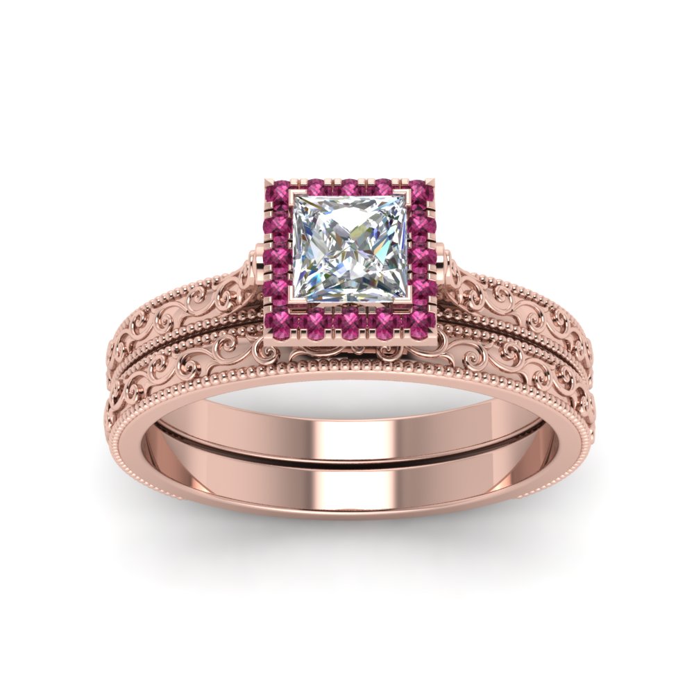 hand-engraved-princess-cut-halo-diamond-wedding-ring-set-with-pink-sapphire-in-rose-gold-FD8588PRGSADRPIANGLE5-NL-RG?v=1757665257