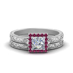 Load image into Gallery viewer, hand-engraved-princess-cut-halo-diamond-wedding-ring-set-with-pink-sapphire-in-white-gold-FD8588PRGSADRPI-NL-WG_eea97dbe-6ed6-48a1-ae8e-3ac1e27220c1?v=1757665383
