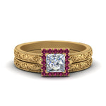 Load image into Gallery viewer, hand-engraved-princess-cut-halo-diamond-wedding-ring-set-with-pink-sapphire-in-yellow-gold-FD8588PRGSADRPI-NL-YG_1e254c44-7acf-4e4c-b6f0-3b97605fbebc?v=1757665382
