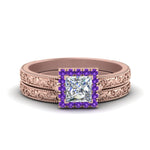 Load image into Gallery viewer, hand-engraved-princess-cut-halo-diamond-wedding-ring-set-with-purple-topaz-in-rose-gold-FD8588PRGVITO-NL-RG_76a207d9-f11d-4922-a545-43b0035e3db2?v=1757665383
