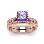 Load image into Gallery viewer, hand-engraved-princess-cut-halo-diamond-wedding-ring-set-with-purple-topaz-in-rose-gold-FD8588PRGVITOANGLE5-NL-RG_e332ec54-4949-4875-8623-f4b7e9e05b3e?v=1757665383
