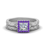 Load image into Gallery viewer, hand-engraved-princess-cut-halo-diamond-wedding-ring-set-with-purple-topaz-in-white-gold-FD8588PRGVITO-NL-WG?v=1757665257
