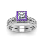 Load image into Gallery viewer, hand-engraved-princess-cut-halo-diamond-wedding-ring-set-with-purple-topaz-in-white-gold-FD8588PRGVITOANGLE5-NL-WG_19735ddc-9a3c-4c88-82e5-10784754a138?v=1757665383
