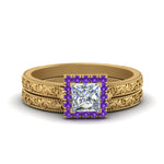 Load image into Gallery viewer, hand-engraved-princess-cut-halo-diamond-wedding-ring-set-with-purple-topaz-in-yellow-gold-FD8588PRGVITO-NL-YG?v=1757665257
