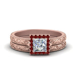 Load image into Gallery viewer, hand-engraved-princess-cut-halo-diamond-wedding-ring-set-with-ruby-in-rose-gold-FD8588PRGRUDR-NL-RG?v=1757665257
