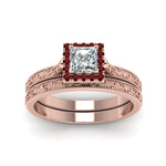Load image into Gallery viewer, hand-engraved-princess-cut-halo-diamond-wedding-ring-set-with-ruby-in-rose-gold-FD8588PRGRUDRANGLE5-NL-RG_794226a2-ff47-4a2c-ad4b-8799d6fef4ef?v=1757665383
