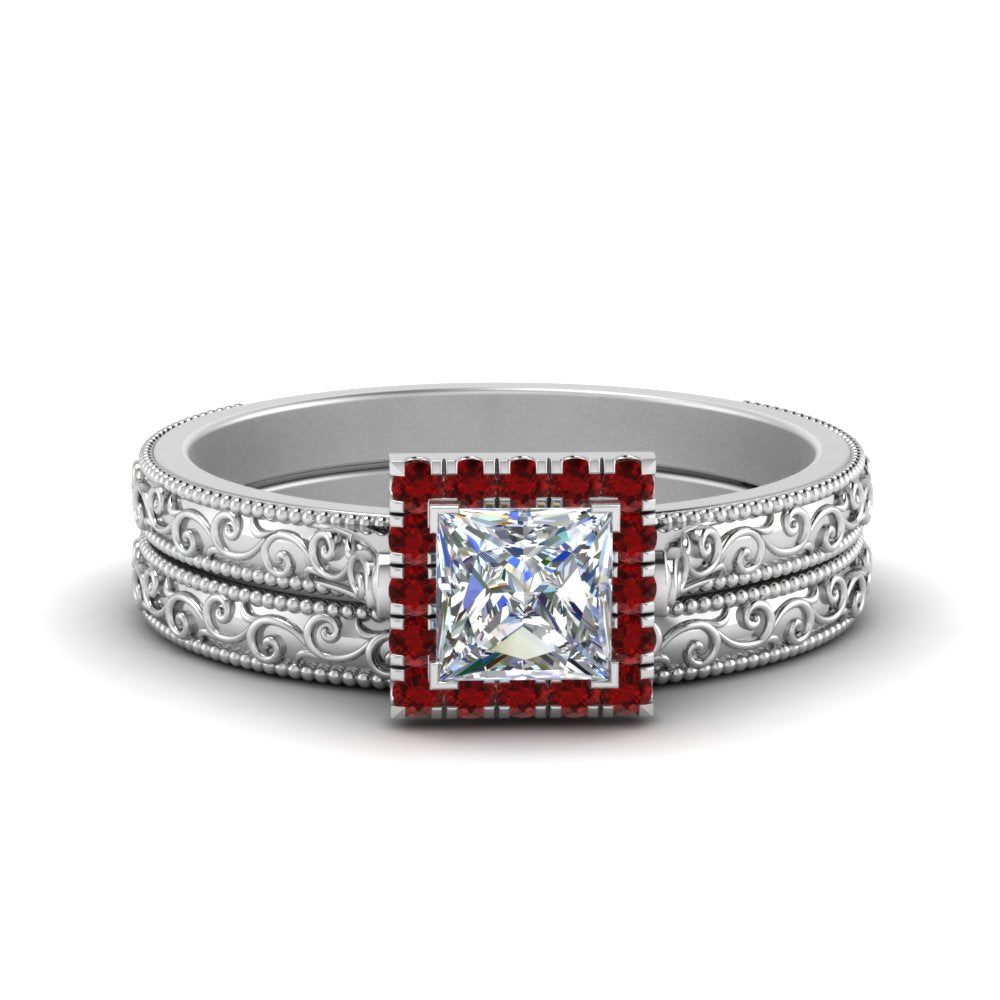 hand-engraved-princess-cut-halo-diamond-wedding-ring-set-with-ruby-in-white-gold-FD8588PRGRUDR-NL-WG?v=1757665256