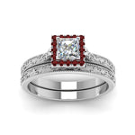 Load image into Gallery viewer, hand-engraved-princess-cut-halo-diamond-wedding-ring-set-with-ruby-in-white-gold-FD8588PRGRUDRANGLE5-NL-WG_58fa2683-c53b-4782-92e3-4607c9111508?v=1757665383
