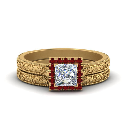hand-engraved-princess-cut-halo-diamond-wedding-ring-set-with-ruby-in-yellow-gold-FD8588PRGRUDR-NL-YG?v=1757665256