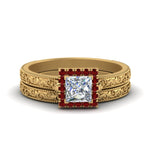 Load image into Gallery viewer, hand-engraved-princess-cut-halo-diamond-wedding-ring-set-with-ruby-in-yellow-gold-FD8588PRGRUDR-NL-YG_dc6b8bb2-ae3f-4959-b6be-543a01089fe1?v=1757665383
