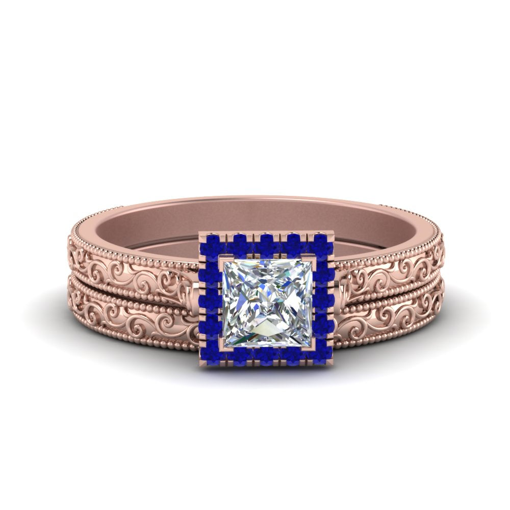 hand-engraved-princess-cut-halo-diamond-wedding-ring-set-with-sapphire-in-rose-gold-FD8588PRGSABL-NL-RG?v=1757665256