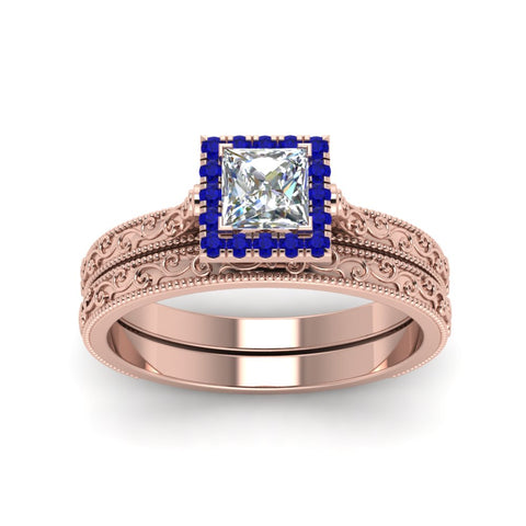 hand-engraved-princess-cut-halo-diamond-wedding-ring-set-with-sapphire-in-rose-gold-FD8588PRGSABLANGLE5-NL-RG?v=1757665256