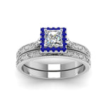 Load image into Gallery viewer, hand-engraved-princess-cut-halo-diamond-wedding-ring-set-with-sapphire-in-white-gold-FD8588PRGSABLANGLE5-NL-WG?v=1757665257
