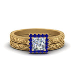 Load image into Gallery viewer, hand-engraved-princess-cut-halo-diamond-wedding-ring-set-with-sapphire-in-yellow-gold-FD8588PRGSABL-NL-YG?v=1757665256

