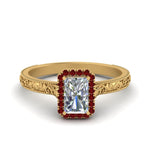Load image into Gallery viewer, hand-engraved-radiant-cut-halo-diamond-engagement-ring-with-ruby-in-yellow-gold-FD8588RARGRUDR-NL-YG?v=1757588448
