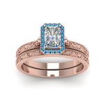 Load image into Gallery viewer, hand-engraved-radiant-cut-halo-diamond-wedding-ring-set-with-blue-topaz-in-rose-gold-FD8588RAGICBLTOANGLE5-NL-RG?v=1757665274
