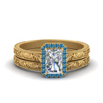 Load image into Gallery viewer, hand-engraved-radiant-cut-halo-diamond-wedding-ring-set-with-blue-topaz-in-yellow-gold-FD8588RAGICBLTO-NL-YG?v=1757665273
