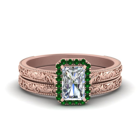 hand-engraved-radiant-cut-halo-diamond-wedding-ring-set-with-emerald-in-rose-gold-FD8588RAGEMGR-NL-RG?v=1757665274