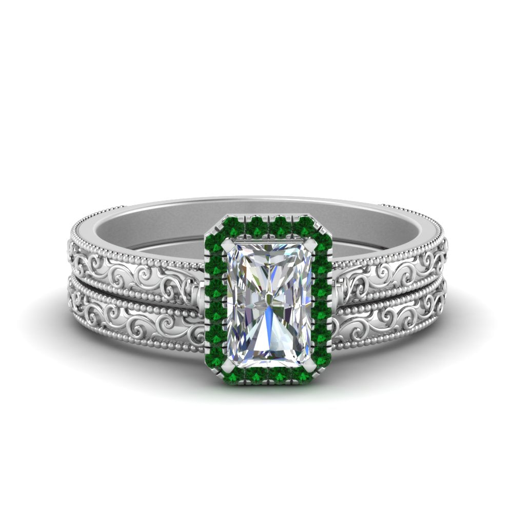 hand-engraved-radiant-cut-halo-diamond-wedding-ring-set-with-emerald-in-white-gold-FD8588RAGEMGR-NL-WG?v=1757665274