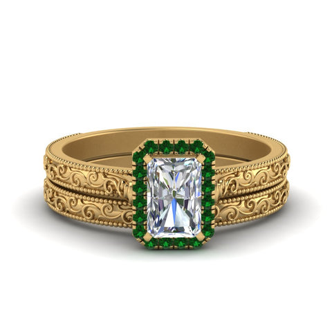 hand-engraved-radiant-cut-halo-diamond-wedding-ring-set-with-emerald-in-yellow-gold-FD8588RAGEMGR-NL-YG?v=1757665273