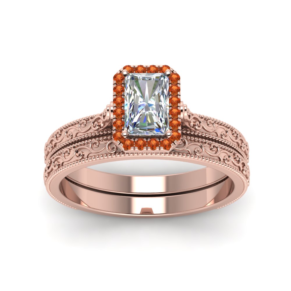 hand-engraved-radiant-cut-halo-diamond-wedding-ring-set-with-orange-sapphire-in-rose-gold-FD8588RAGSAORANGLE5-NL-RG?v=1757665273