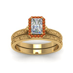 Load image into Gallery viewer, hand-engraved-radiant-cut-halo-diamond-wedding-ring-set-with-orange-sapphire-in-yellow-gold-FD8588RAGSAORANGLE5-NL-YG_f946e755-ad9f-4a1c-96ea-233176b6b91a?v=1757665393

