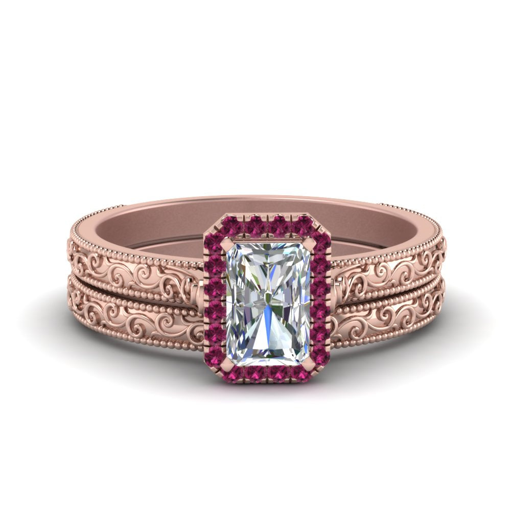 hand-engraved-radiant-cut-halo-diamond-wedding-ring-set-with-pink-sapphire-in-rose-gold-FD8588RAGSADRPI-NL-RG?v=1757665273