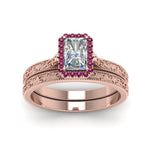 Load image into Gallery viewer, hand-engraved-radiant-cut-halo-diamond-wedding-ring-set-with-pink-sapphire-in-rose-gold-FD8588RAGSADRPIANGLE5-NL-RG?v=1757665273
