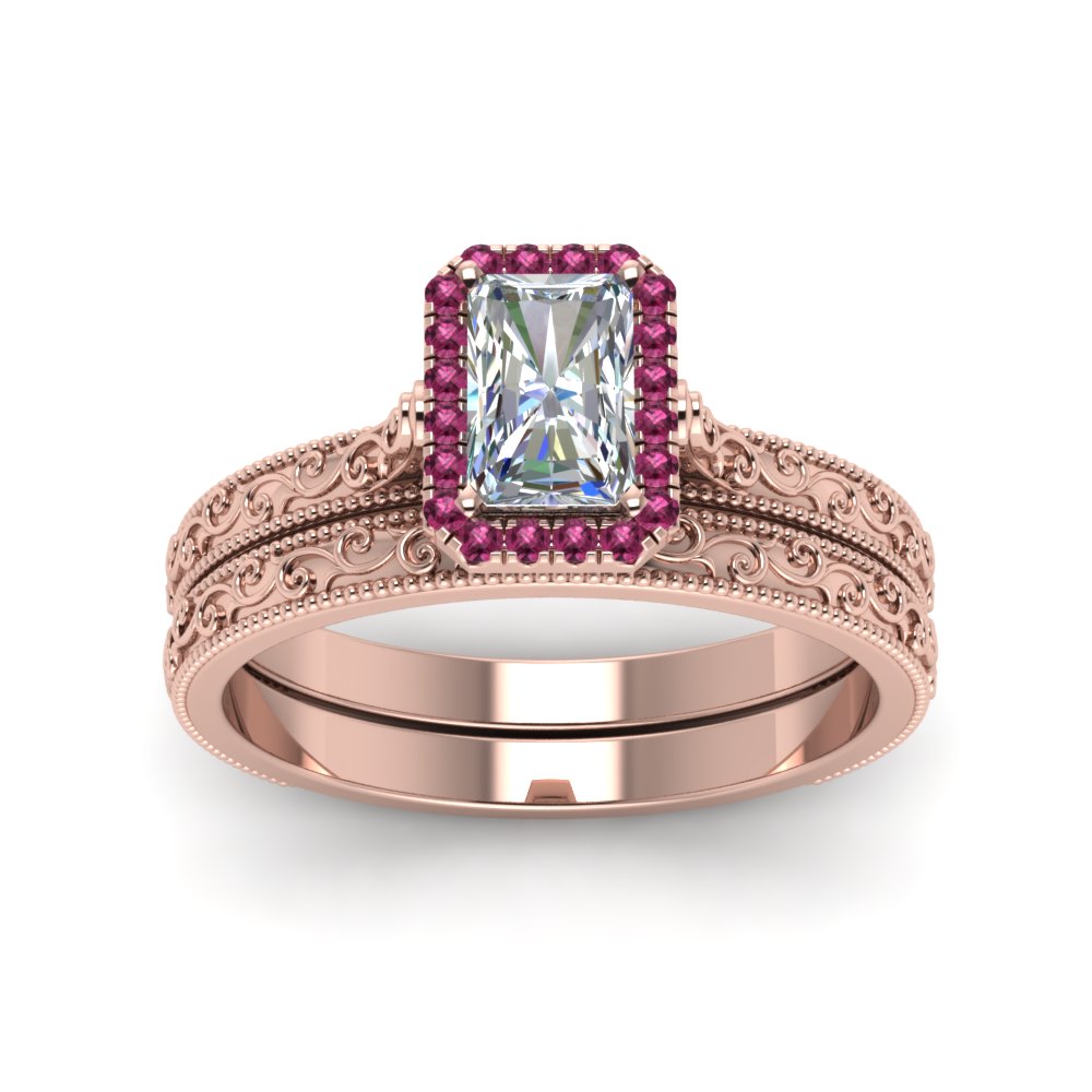 hand-engraved-radiant-cut-halo-diamond-wedding-ring-set-with-pink-sapphire-in-rose-gold-FD8588RAGSADRPIANGLE5-NL-RG?v=1757665273