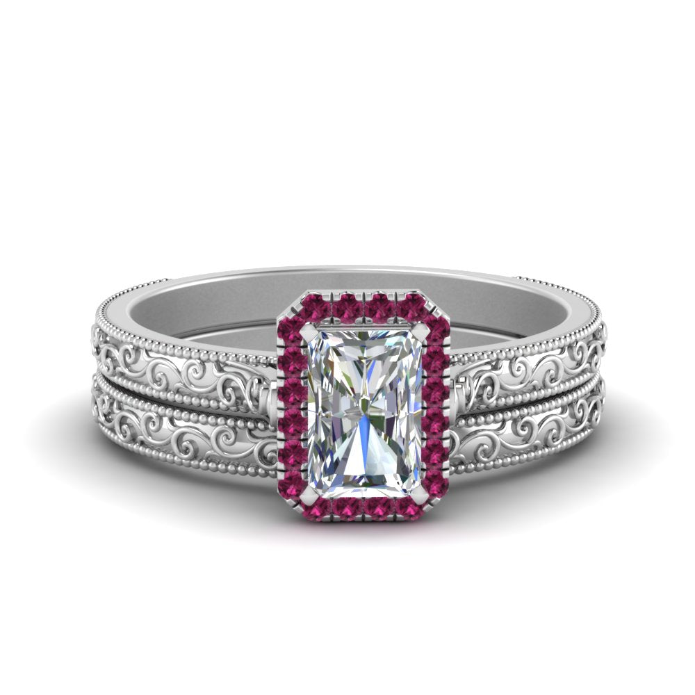 hand-engraved-radiant-cut-halo-diamond-wedding-ring-set-with-pink-sapphire-in-white-gold-FD8588RAGSADRPI-NL-WG?v=1757665273