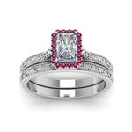 Load image into Gallery viewer, hand-engraved-radiant-cut-halo-diamond-wedding-ring-set-with-pink-sapphire-in-white-gold-FD8588RAGSADRPIANGLE5-NL-WG?v=1757665273
