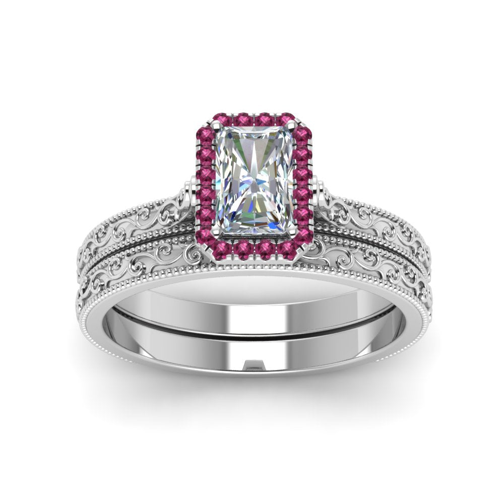 hand-engraved-radiant-cut-halo-diamond-wedding-ring-set-with-pink-sapphire-in-white-gold-FD8588RAGSADRPIANGLE5-NL-WG?v=1757665273