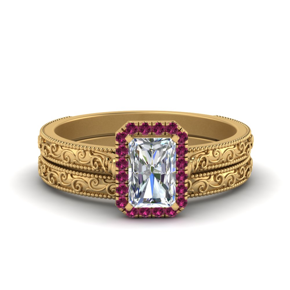 hand-engraved-radiant-cut-halo-diamond-wedding-ring-set-with-pink-sapphire-in-yellow-gold-FD8588RAGSADRPI-NL-YG?v=1757665273