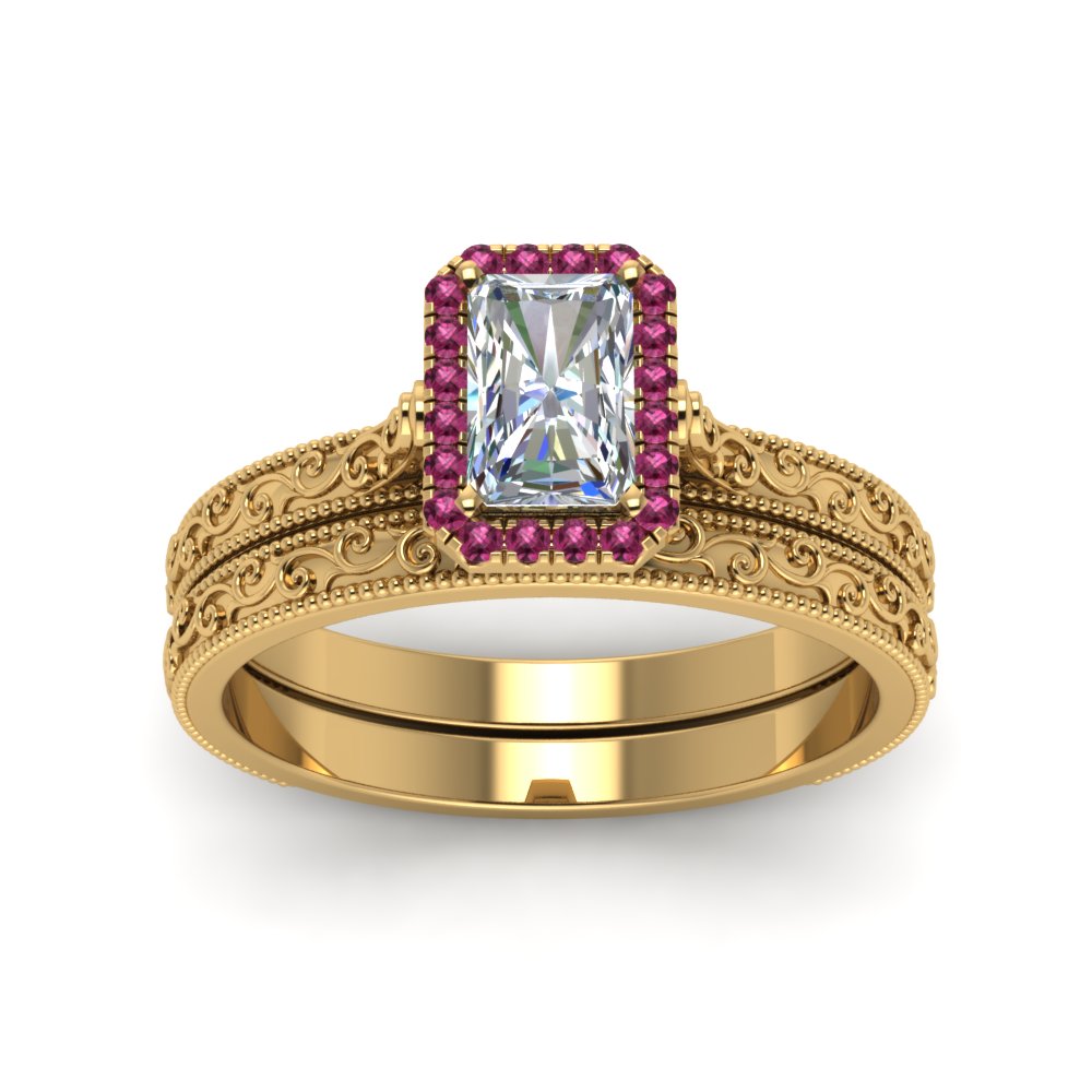 hand-engraved-radiant-cut-halo-diamond-wedding-ring-set-with-pink-sapphire-in-yellow-gold-FD8588RAGSADRPIANGLE5-NL-YG?v=1757665273