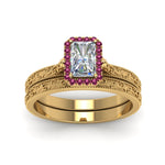 Load image into Gallery viewer, hand-engraved-radiant-cut-halo-diamond-wedding-ring-set-with-pink-sapphire-in-yellow-gold-FD8588RAGSADRPIANGLE5-NL-YG_f65e00fc-c6fe-4f73-b7f5-3c9484ab7e7a?v=1757665393

