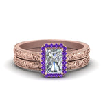 Load image into Gallery viewer, hand-engraved-radiant-cut-halo-diamond-wedding-ring-set-with-purple-topaz-in-rose-gold-FD8588RAGVITO-NL-RG?v=1757665274
