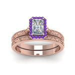 Load image into Gallery viewer, hand-engraved-radiant-cut-halo-diamond-wedding-ring-set-with-purple-topaz-in-rose-gold-FD8588RAGVITOANGLE5-NL-RG_d49e8b63-33a6-40ec-a143-32b815643e5f?v=1757665394
