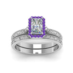 Load image into Gallery viewer, hand-engraved-radiant-cut-halo-diamond-wedding-ring-set-with-purple-topaz-in-white-gold-FD8588RAGVITOANGLE5-NL-WG?v=1757665274
