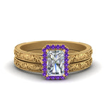 Load image into Gallery viewer, hand-engraved-radiant-cut-halo-diamond-wedding-ring-set-with-purple-topaz-in-yellow-gold-FD8588RAGVITO-NL-YG_1a121b51-4e86-449d-9071-2f0f865743c2?v=1757665394

