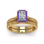 Load image into Gallery viewer, hand-engraved-radiant-cut-halo-diamond-wedding-ring-set-with-purple-topaz-in-yellow-gold-FD8588RAGVITOANGLE5-NL-YG?v=1757665273
