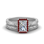 Load image into Gallery viewer, hand-engraved-radiant-cut-halo-diamond-wedding-ring-set-with-ruby-in-white-gold-FD8588RAGRUDR-NL-WG_78e9a8fd-a0bd-41ae-9afc-249155403e04?v=1757665393
