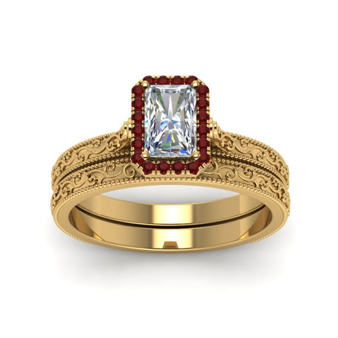 hand-engraved-radiant-cut-halo-diamond-wedding-ring-set-with-ruby-in-yellow-gold-FD8588RAGRUDRANGLE5-NL-YG?v=1757665274