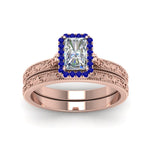 Load image into Gallery viewer, hand-engraved-radiant-cut-halo-diamond-wedding-ring-set-with-sapphire-in-rose-gold-FD8588RAGSABLANGLE5-NL-RG?v=1757665274
