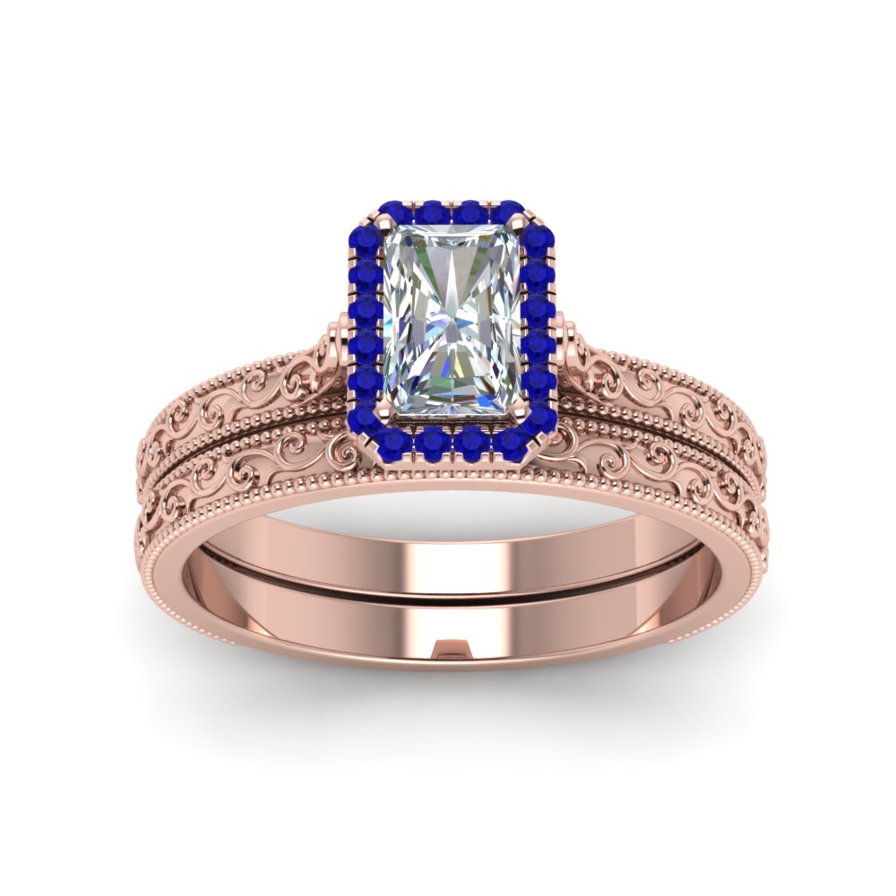 hand-engraved-radiant-cut-halo-diamond-wedding-ring-set-with-sapphire-in-rose-gold-FD8588RAGSABLANGLE5-NL-RG?v=1757665274