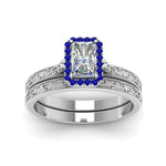 Load image into Gallery viewer, hand-engraved-radiant-cut-halo-diamond-wedding-ring-set-with-sapphire-in-white-gold-FD8588RAGSABLANGLE5-NL-WG?v=1757665273
