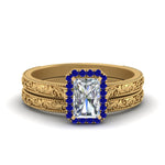Load image into Gallery viewer, hand-engraved-radiant-cut-halo-diamond-wedding-ring-set-with-sapphire-in-yellow-gold-FD8588RAGSABL-NL-YG?v=1757665273
