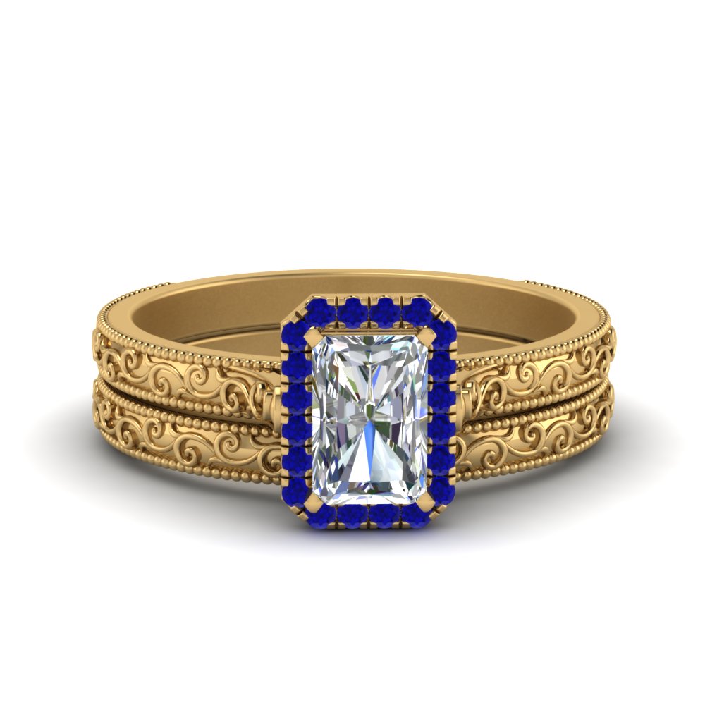 hand-engraved-radiant-cut-halo-diamond-wedding-ring-set-with-sapphire-in-yellow-gold-FD8588RAGSABL-NL-YG?v=1757665273